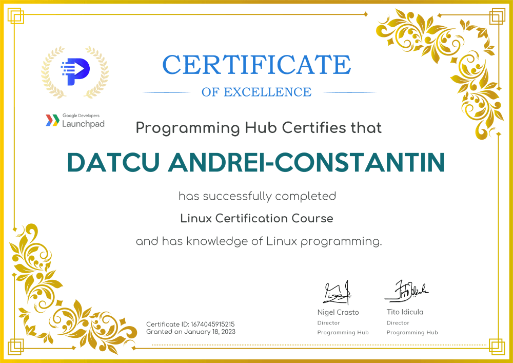 Linux Certification certificate from Programming Hub