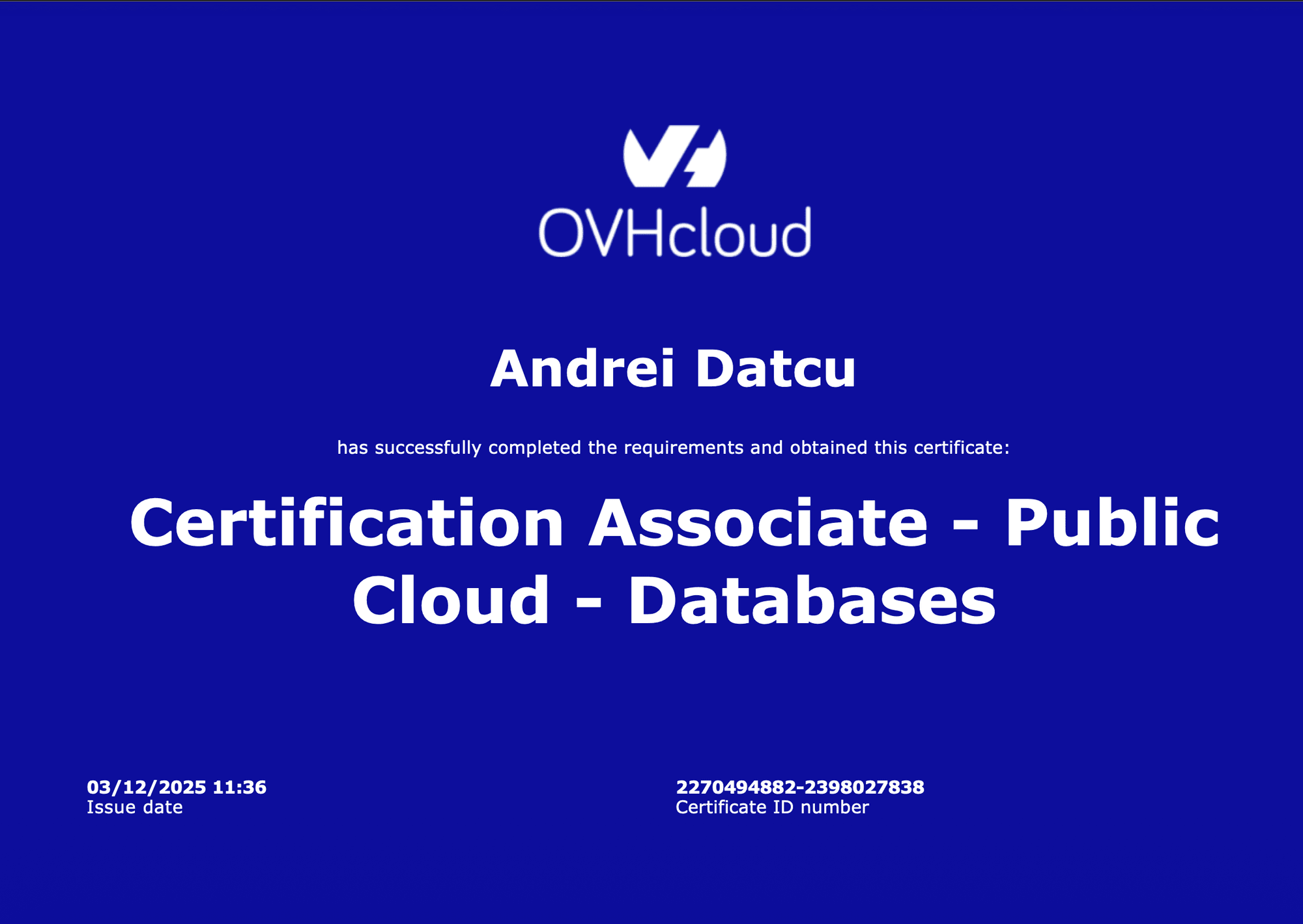 Associate - Public Cloud - Databases certificate from OVHcloud